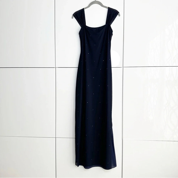 Tahari Formal Gown Navy With Crystals Mesh Size 6 Long Dress Made In USA - Picture 1 of 10